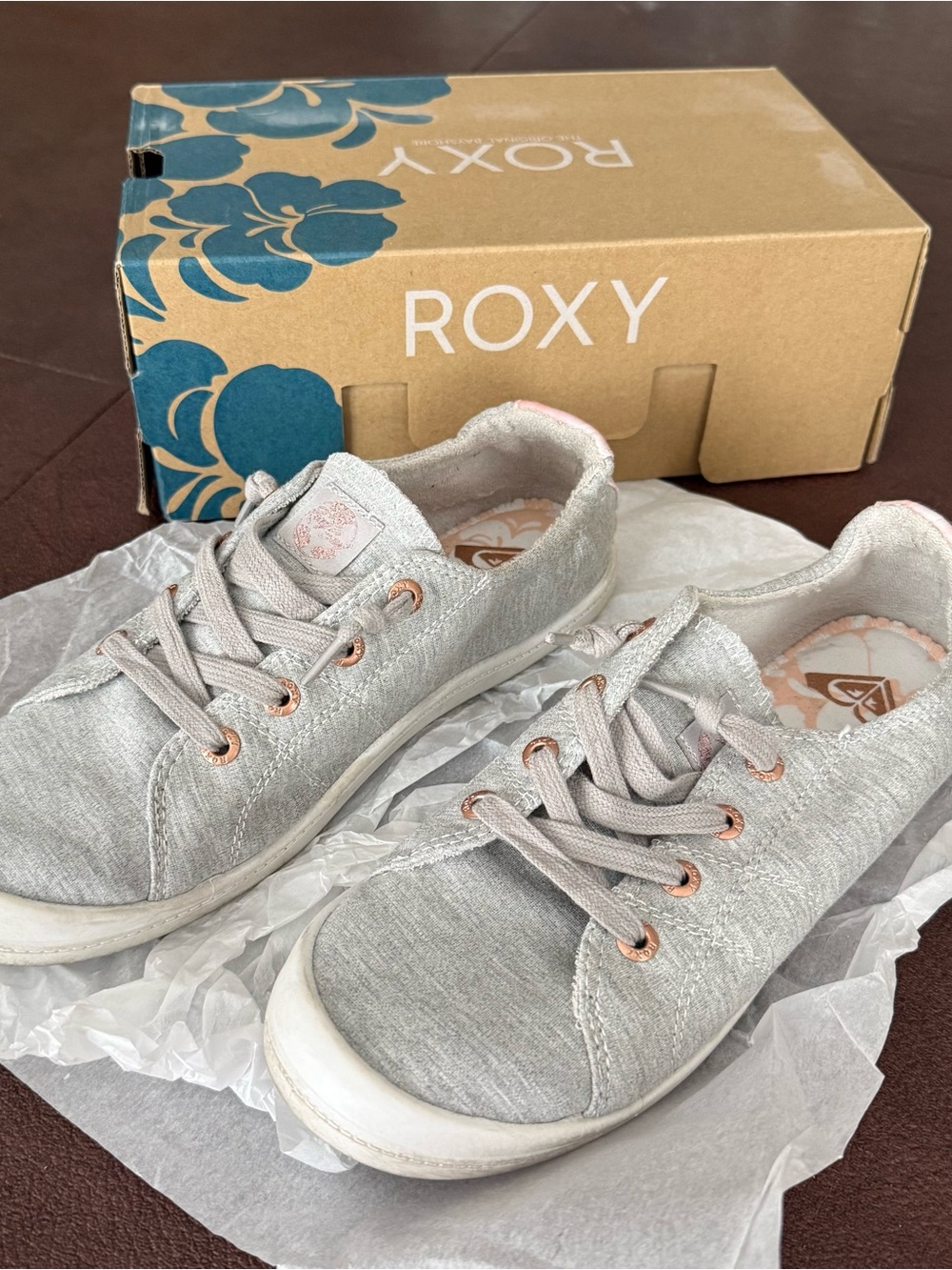 Roxy Casual Grey Canvas Sneakers with Rose Gold Accents